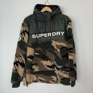 Superdry International Hoodie Green Camo Sherpa Fleece Pullover Jacket XXL